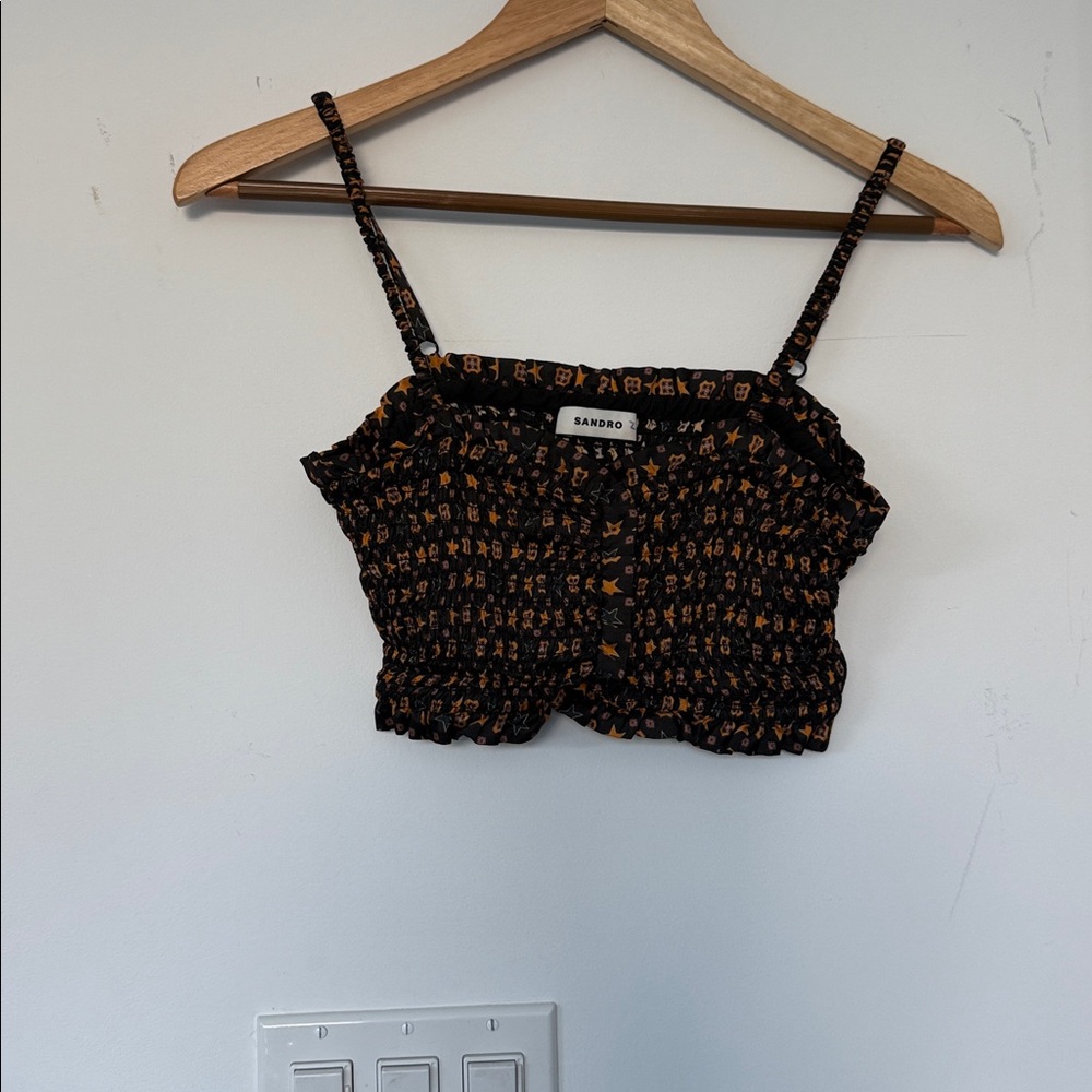 Sandro Black and Orange Patterned silk Crop Top